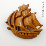 Japanese Carved Wood Ship Brooch.