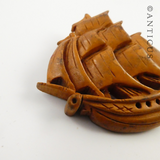 Japanese Carved Wood Ship Brooch.