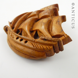 Japanese Carved Wood Ship Brooch.