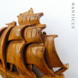 Japanese Carved Wood Ship Brooch.