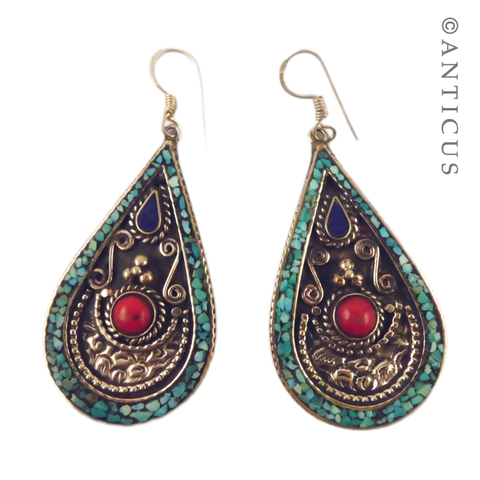Pair Tibetan Style Earrings, Turquoise and Lapis.