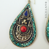 Pair Tibetan Style Earrings, Turquoise and Lapis.