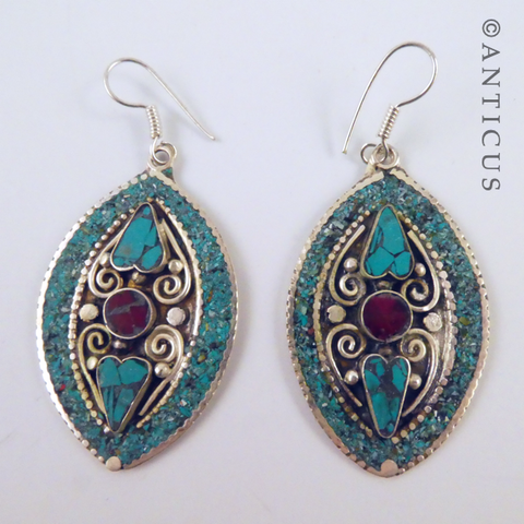 Pair Tibetan Tribal Style Oval Earrings.