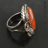 Large Silver and Red Coral Vintage Ring.