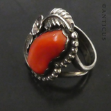 Large Silver and Red Coral Vintage Ring.