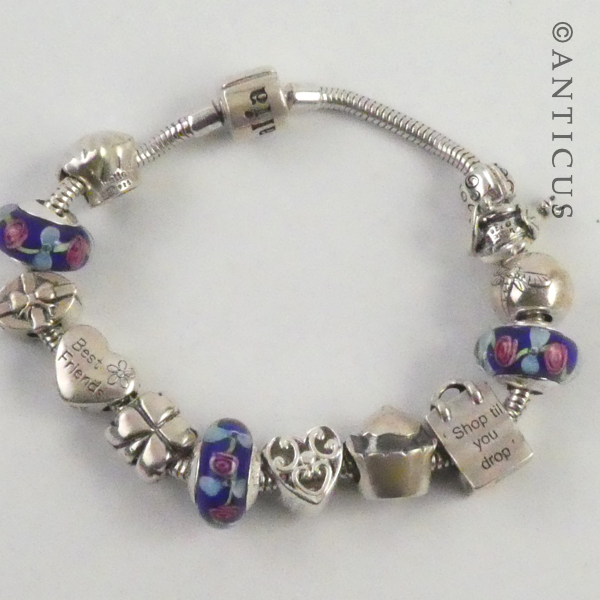 Modern Charm Bracelet, Silver with 12 Charm Beads.