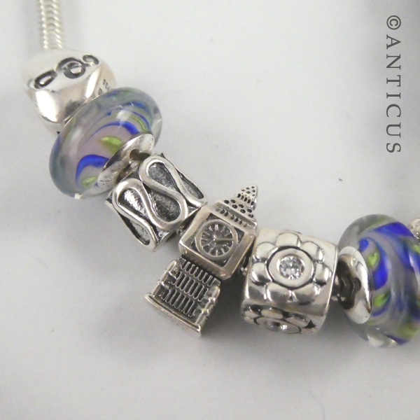 Modern Charm Bracelet, Silver with 12 Charm Beads.
