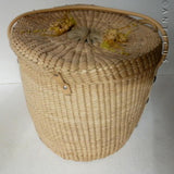 Large Round Raffia Lidded Basket with Nuts & Leaves Decoration.