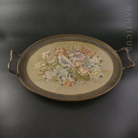 Vintage Ornate Metal Framed Tapestry Tray.