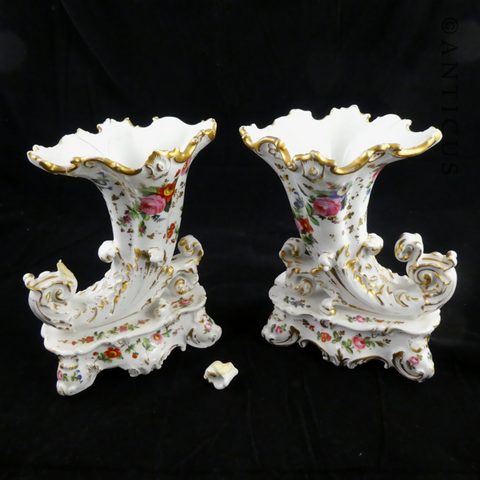 Pair French Porcelain Cornucopia Vases, Jacob Petit.
