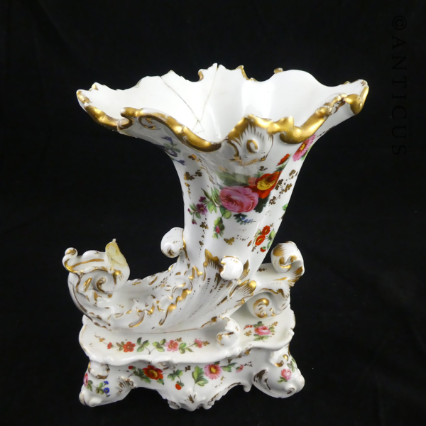 Pair French Porcelain Cornucopia Vases, Jacob Petit.