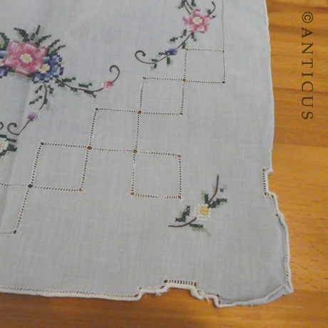 Vintage Tray Cloth, Blue Linen, Cross-Stitch Embroidery.