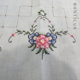 Vintage Tray Cloth, Blue Linen, Cross-Stitch Embroidery.